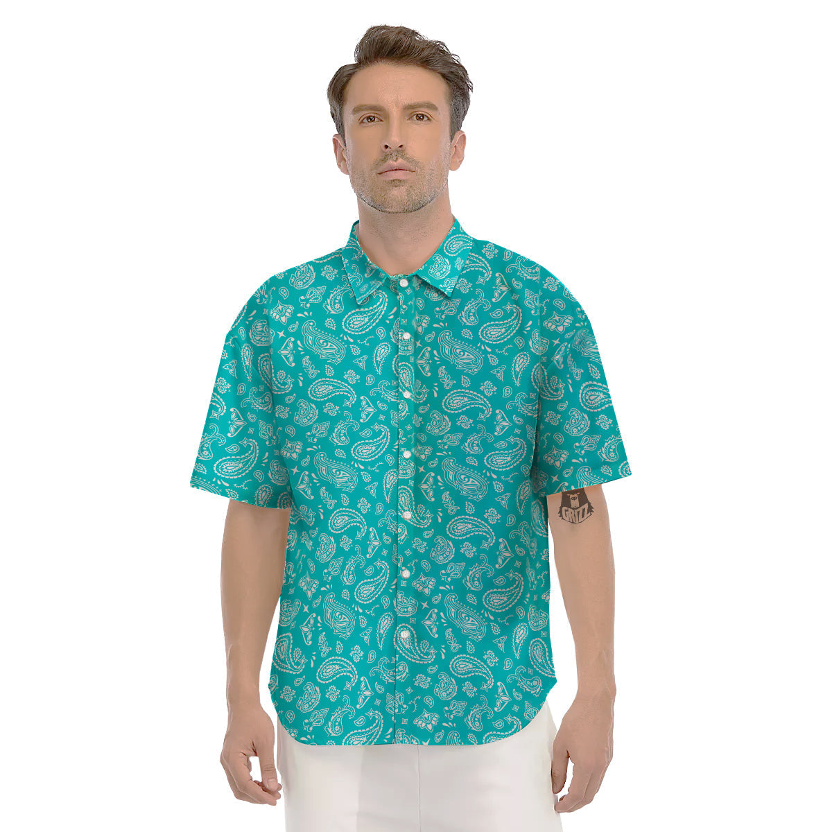 Turquoise Paisley Bandana Print Men's Short Sleeve Shirts-grizzshop