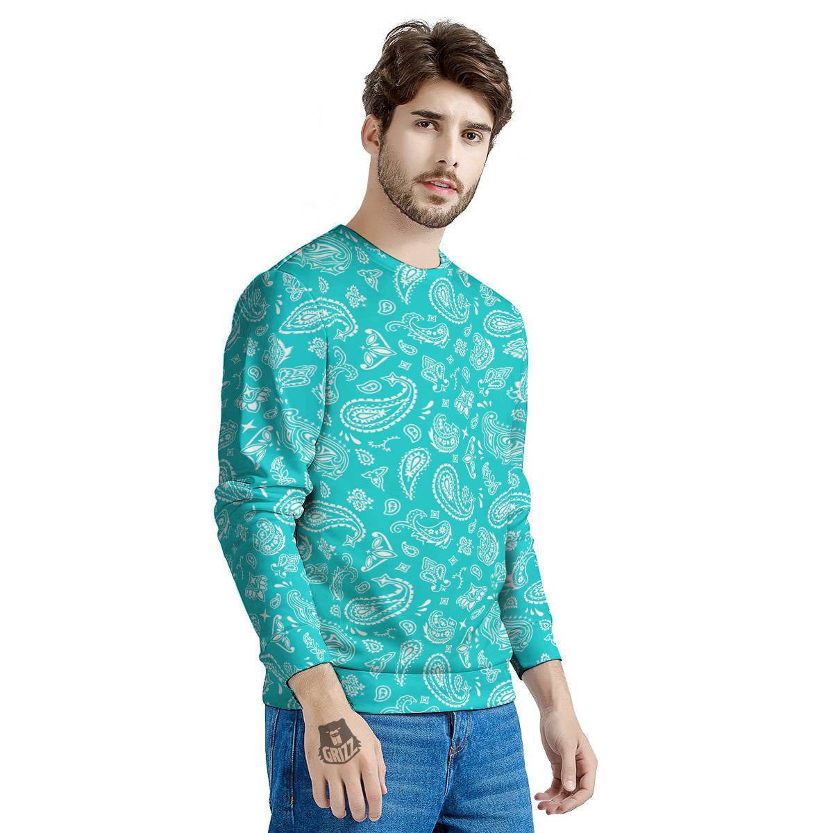 Turquoise Paisley Bandana Print Men's Sweatshirt-grizzshop