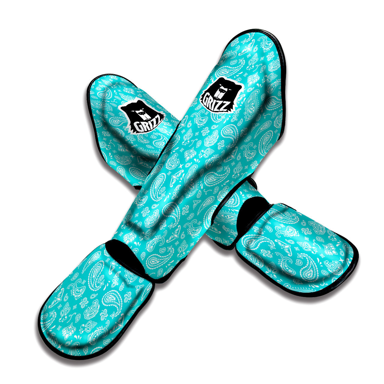 Turquoise Paisley Bandana Print Muay Thai Shin Guards-grizzshop