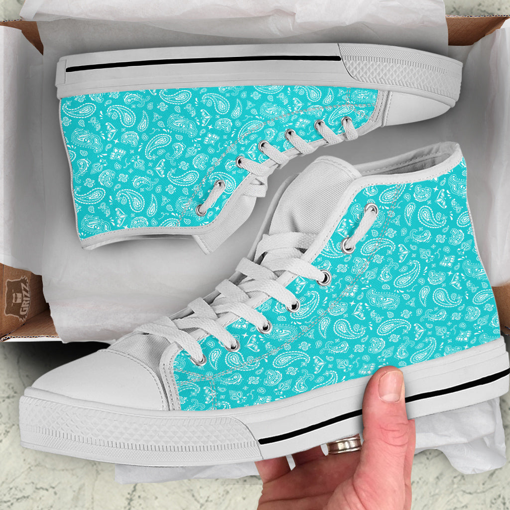 Turquoise Paisley Bandana Print White High Top Shoes-grizzshop