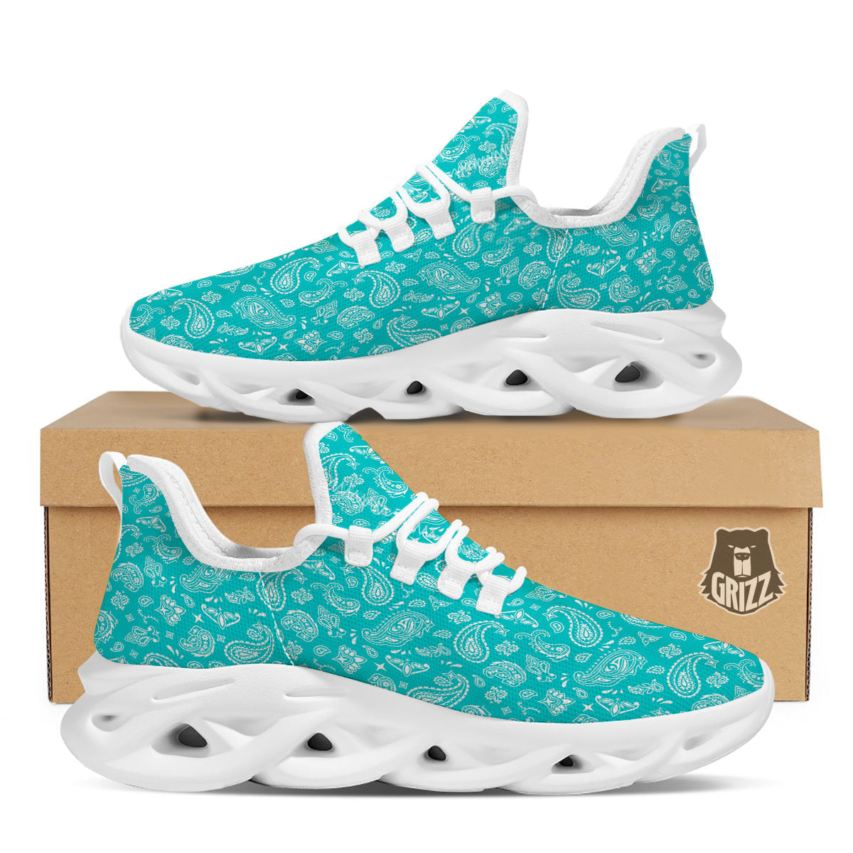 Turquoise Paisley Bandana Print White Running Shoes-grizzshop