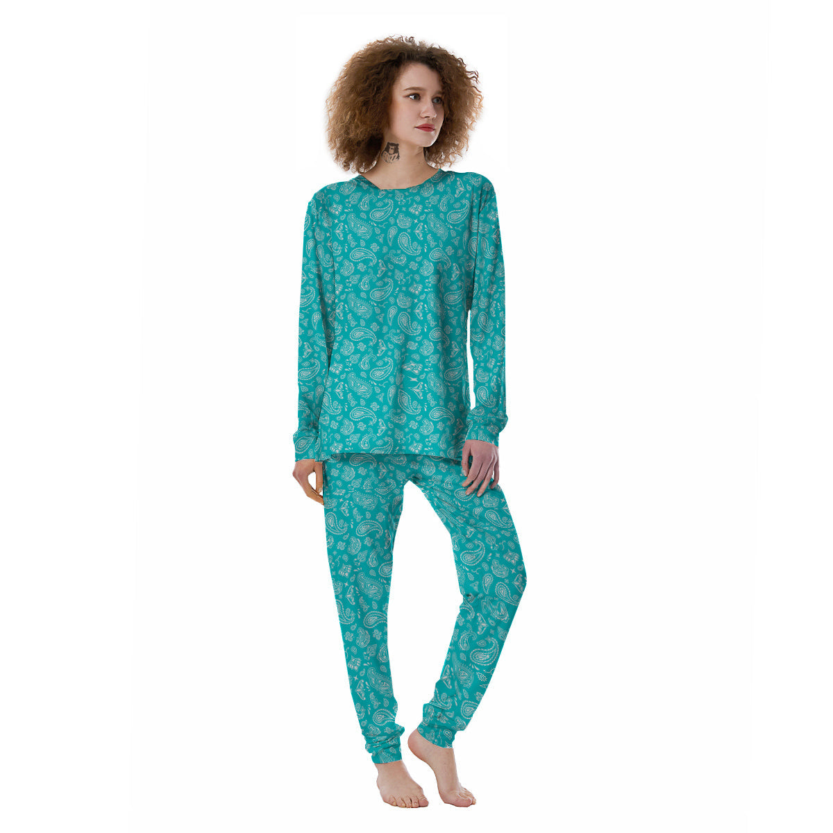 Turquoise Paisley Bandana Print Women's Pajamas-grizzshop