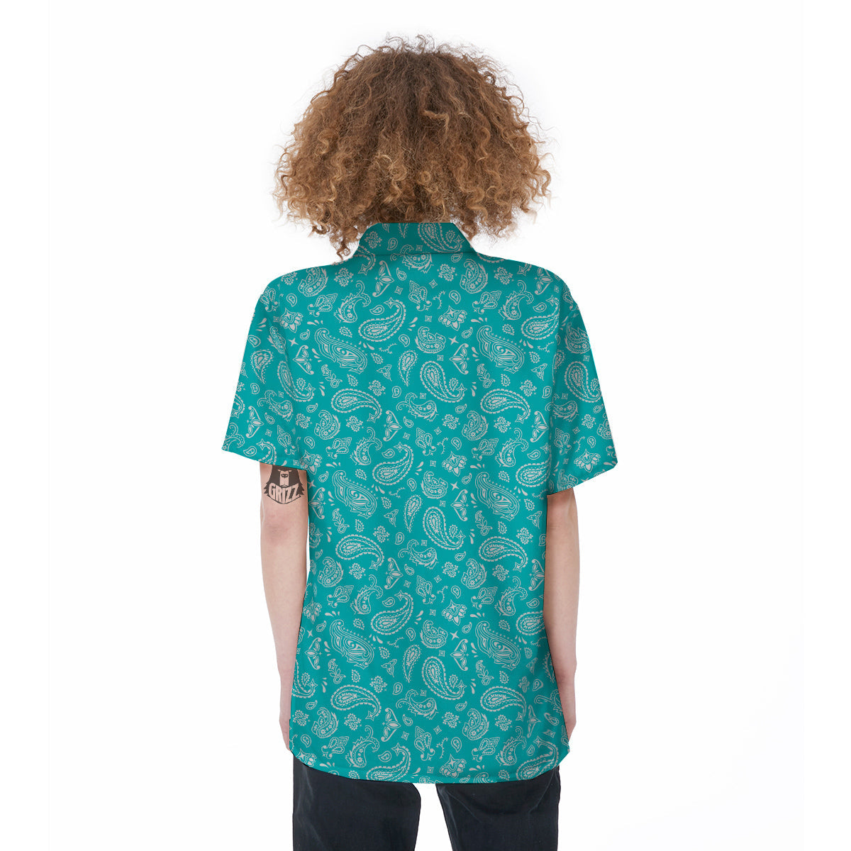 Turquoise Paisley Bandana Print Women's Short Sleeve Shirts-grizzshop