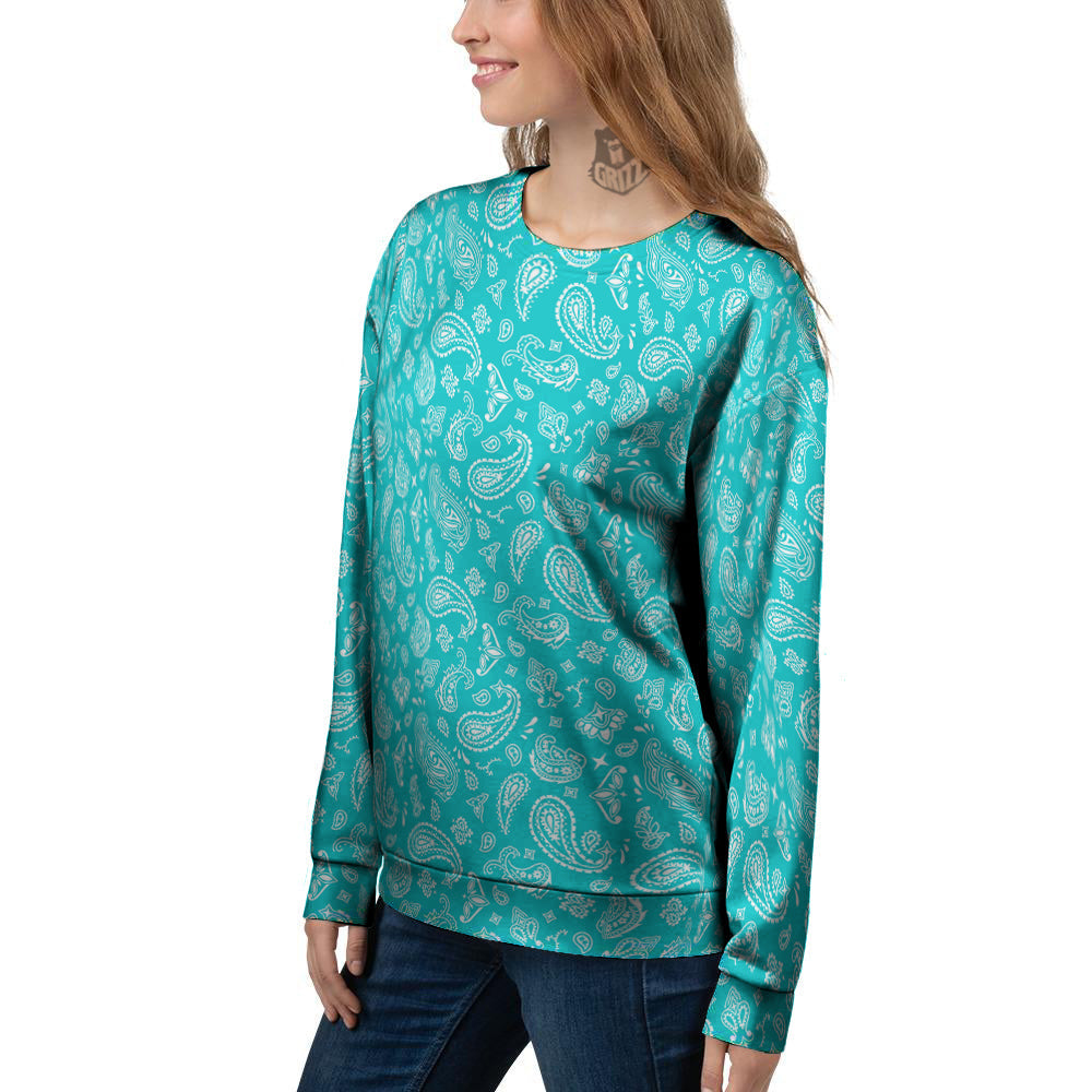 Turquoise Paisley Bandana Print Women's Sweatshirt-grizzshop
