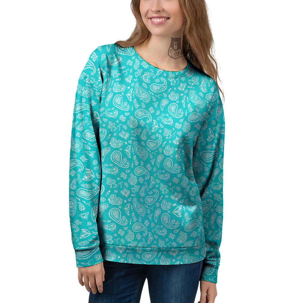 Turquoise Paisley Bandana Print Women's Sweatshirt-grizzshop
