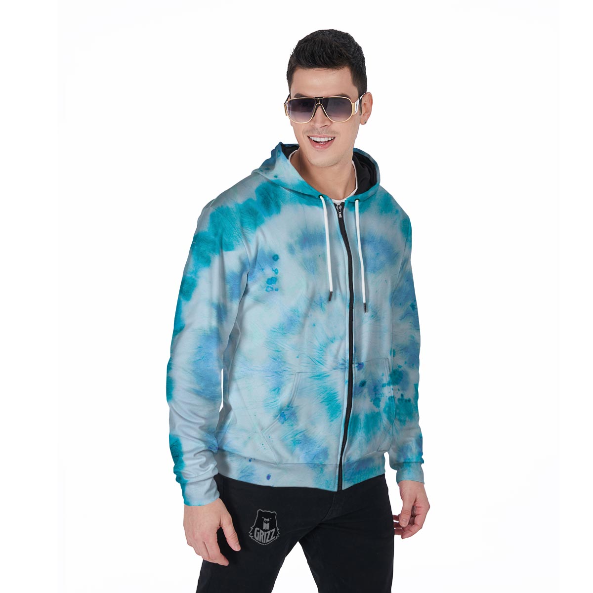 Turquoise Tie Dye Men's Zip Up Hoodie-grizzshop
