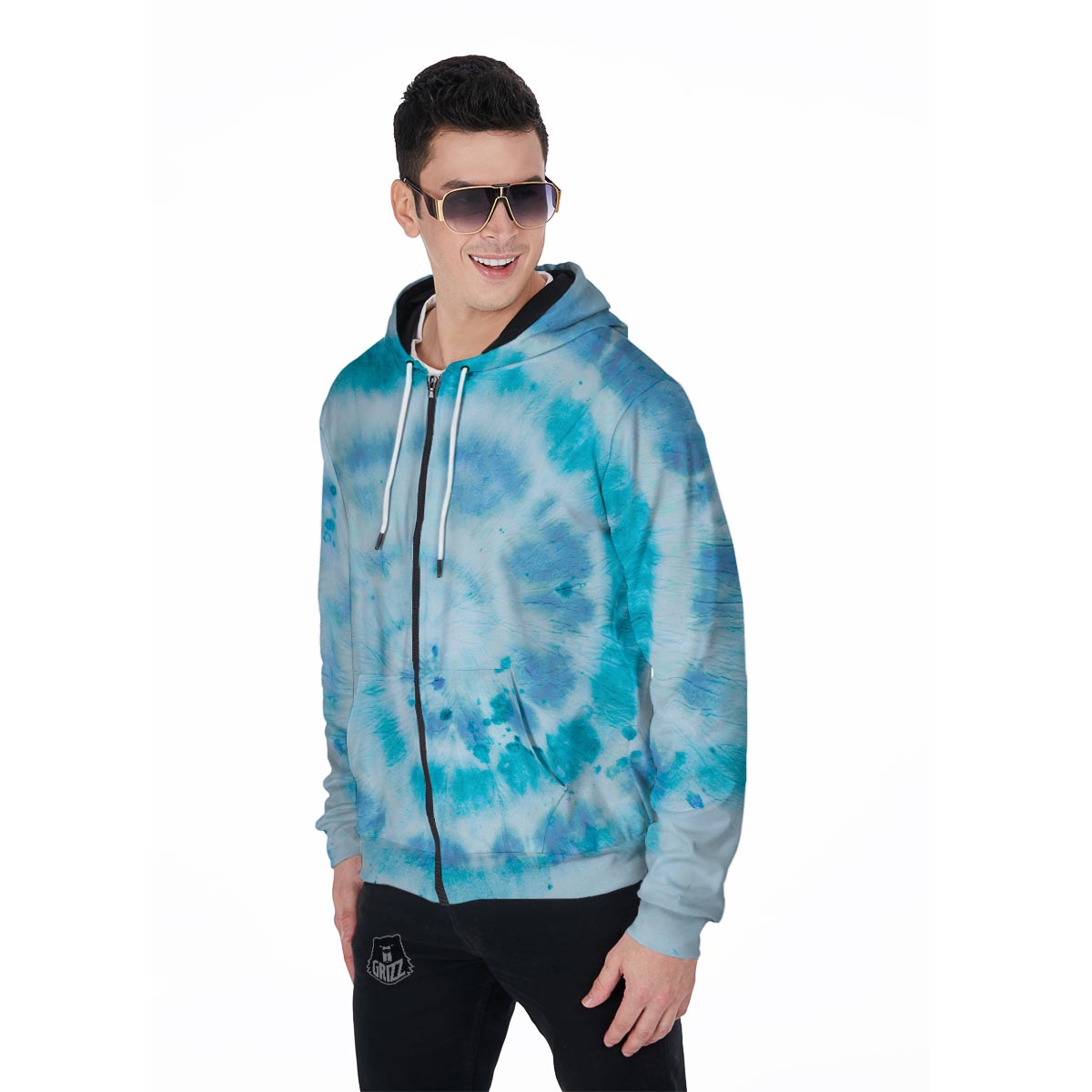 Turquoise Tie Dye Men's Zip Up Hoodie-grizzshop
