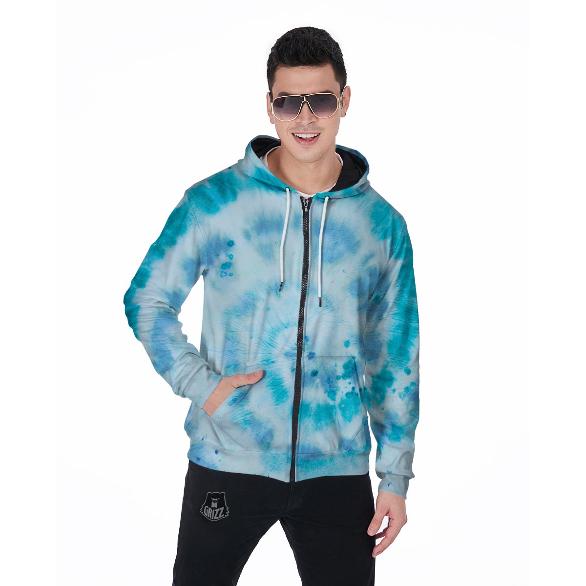 Turquoise Tie Dye Men's Zip Up Hoodie-grizzshop