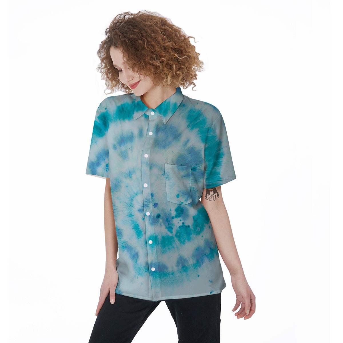 Turquoise Tie Dye Women's Short Sleeve Shirts-grizzshop