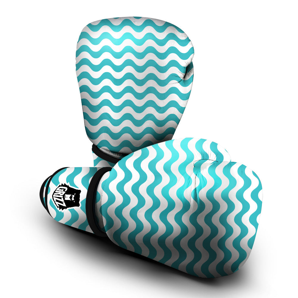 Turquoise Wave Striped Print Boxing Gloves-grizzshop
