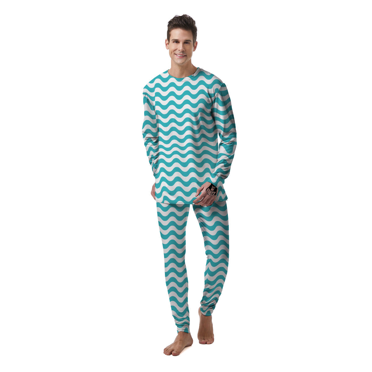 Turquoise Wave Striped Print Men's Pajamas-grizzshop