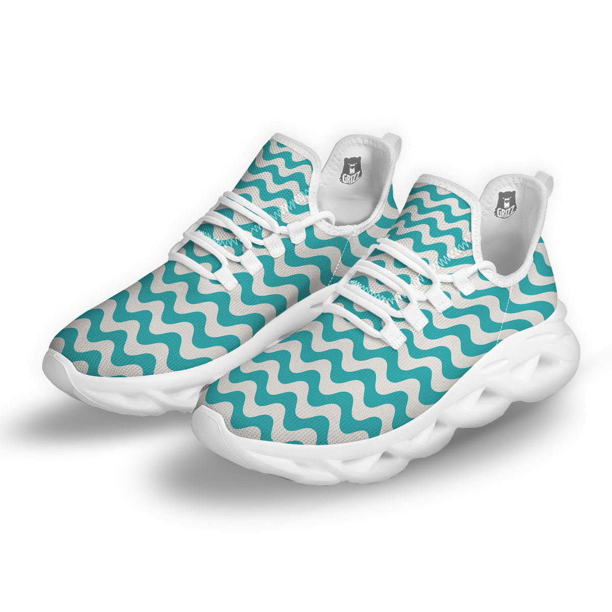 Turquoise Wave Striped Print White Running Shoes-grizzshop