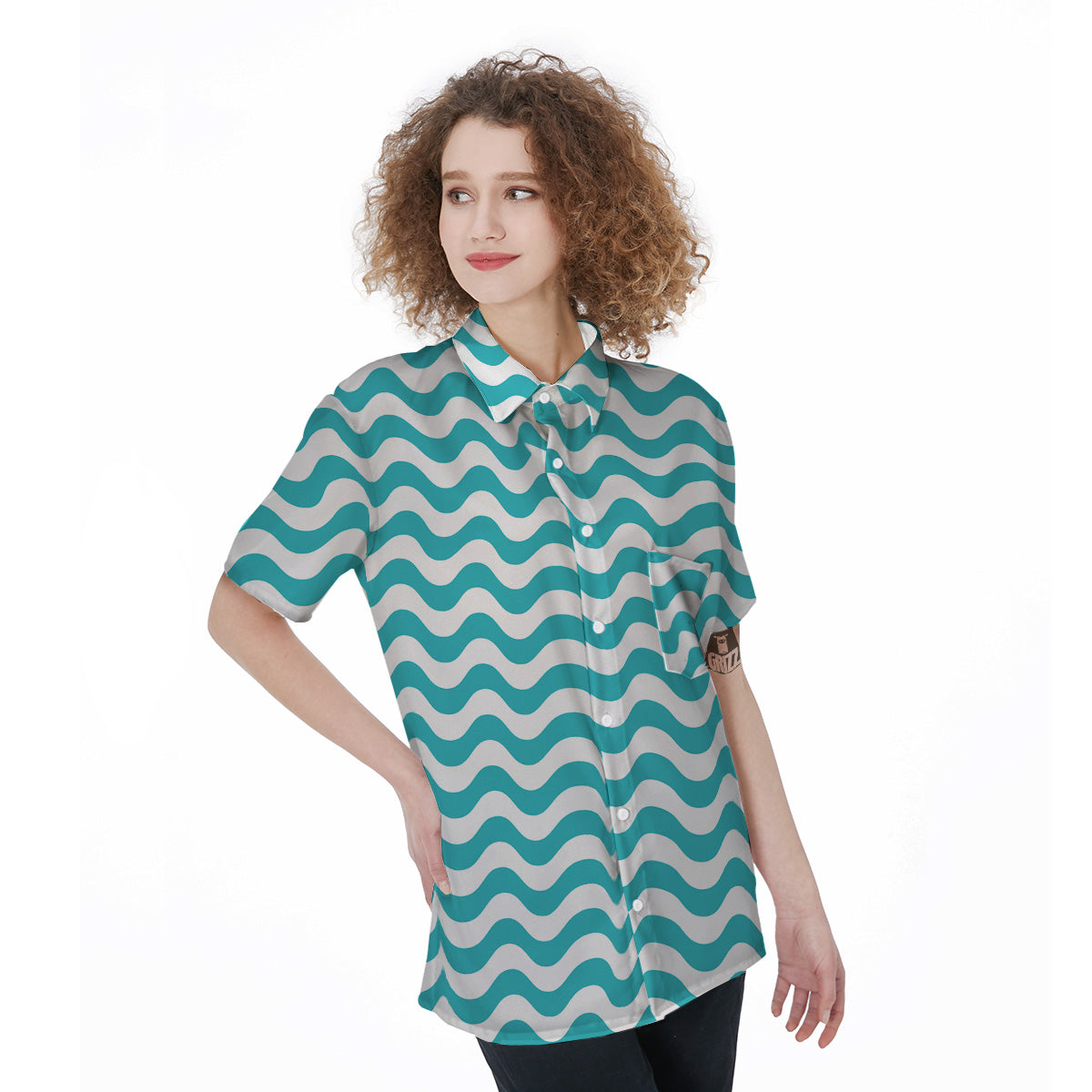 Turquoise Wave Striped Print Women's Short Sleeve Shirts-grizzshop