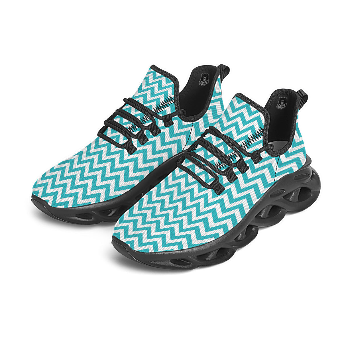 Turquoise Zigzag Print Pattern Black Running Shoes-grizzshop