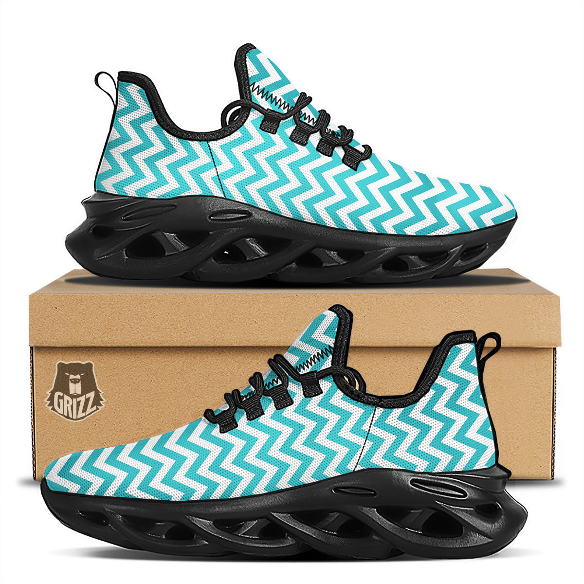 Turquoise Zigzag Print Pattern Black Running Shoes-grizzshop