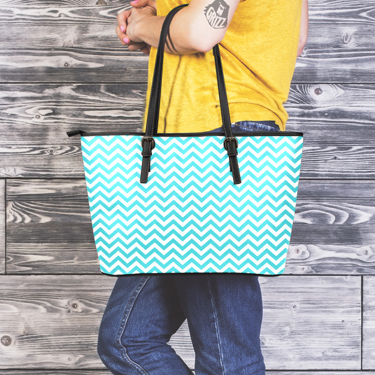 Turquoise Zigzag Print Pattern Leather Tote Bag-grizzshop