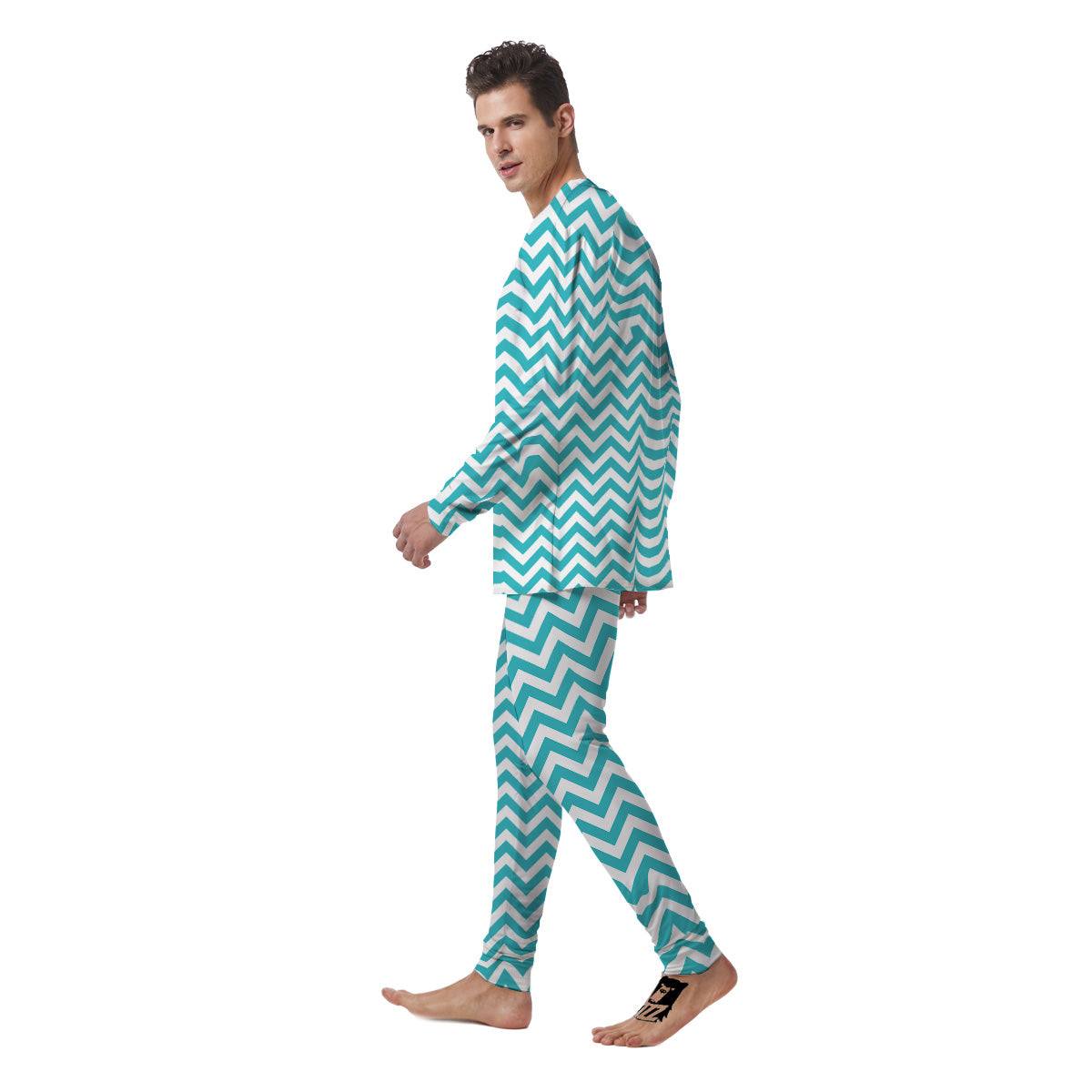 Turquoise Zigzag Print Pattern Men's Pajamas-grizzshop