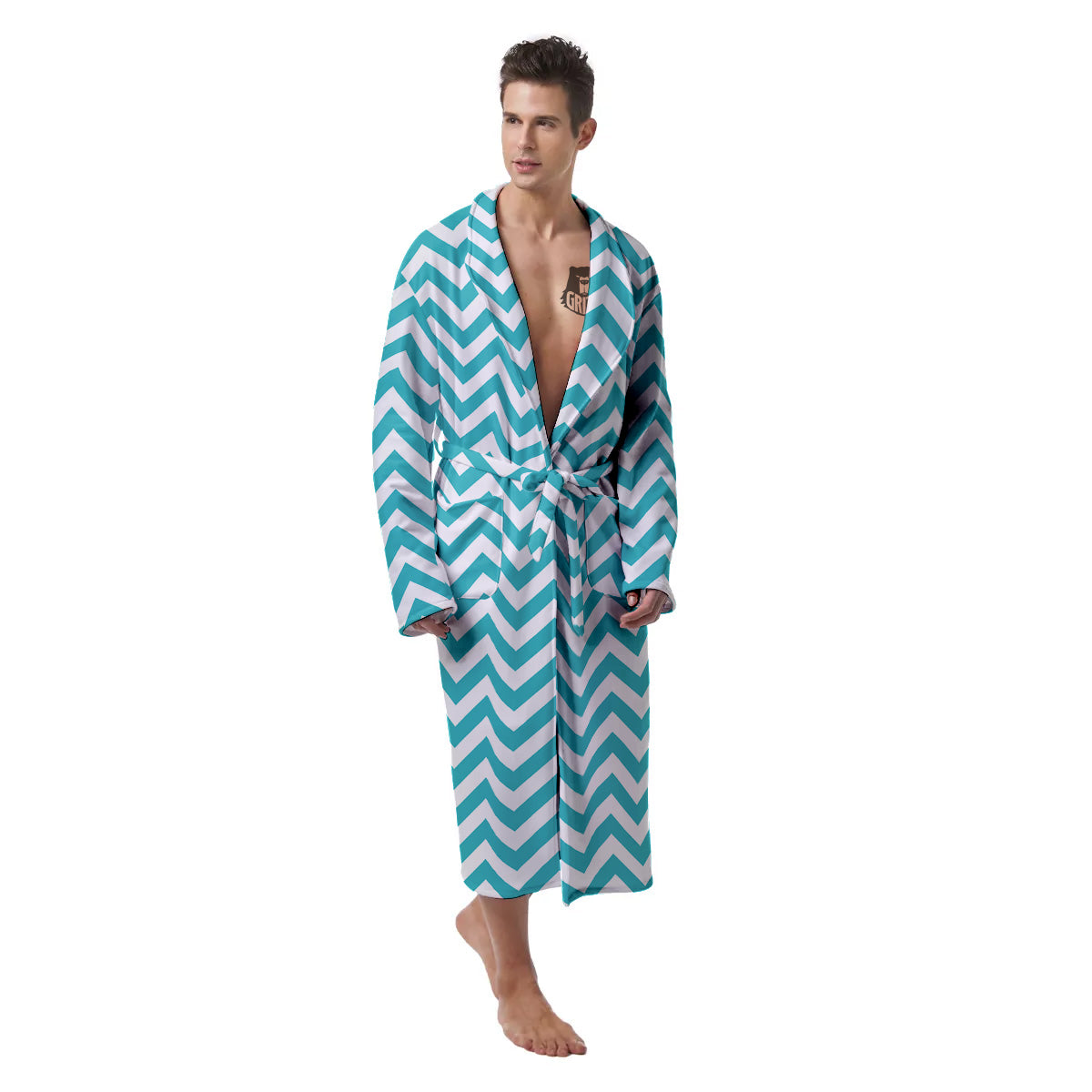 Turquoise Zigzag Print Pattern Men's Robe-grizzshop