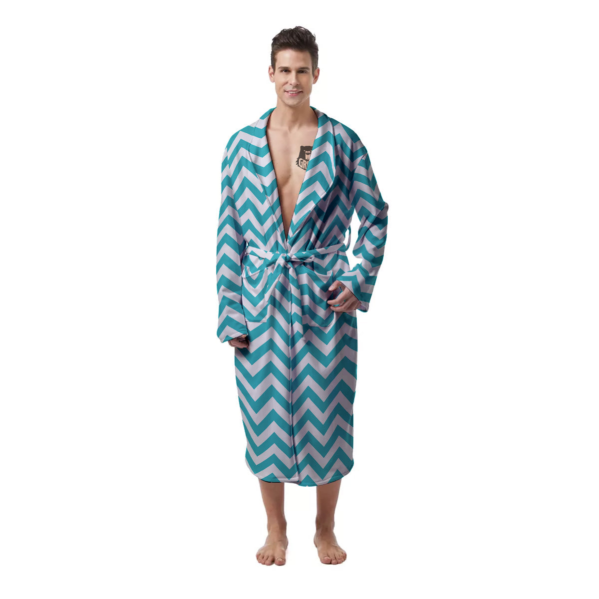 Turquoise Zigzag Print Pattern Men's Robe-grizzshop