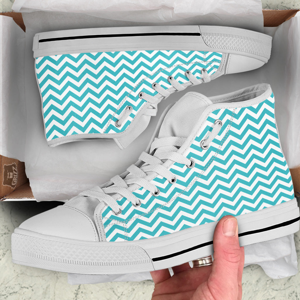 Turquoise Zigzag Print Pattern White High Top Shoes-grizzshop