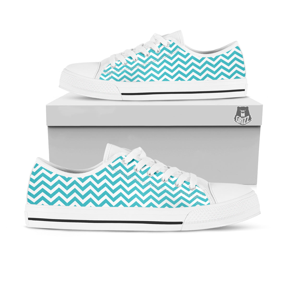 Turquoise Zigzag Print Pattern White Low Top Shoes-grizzshop