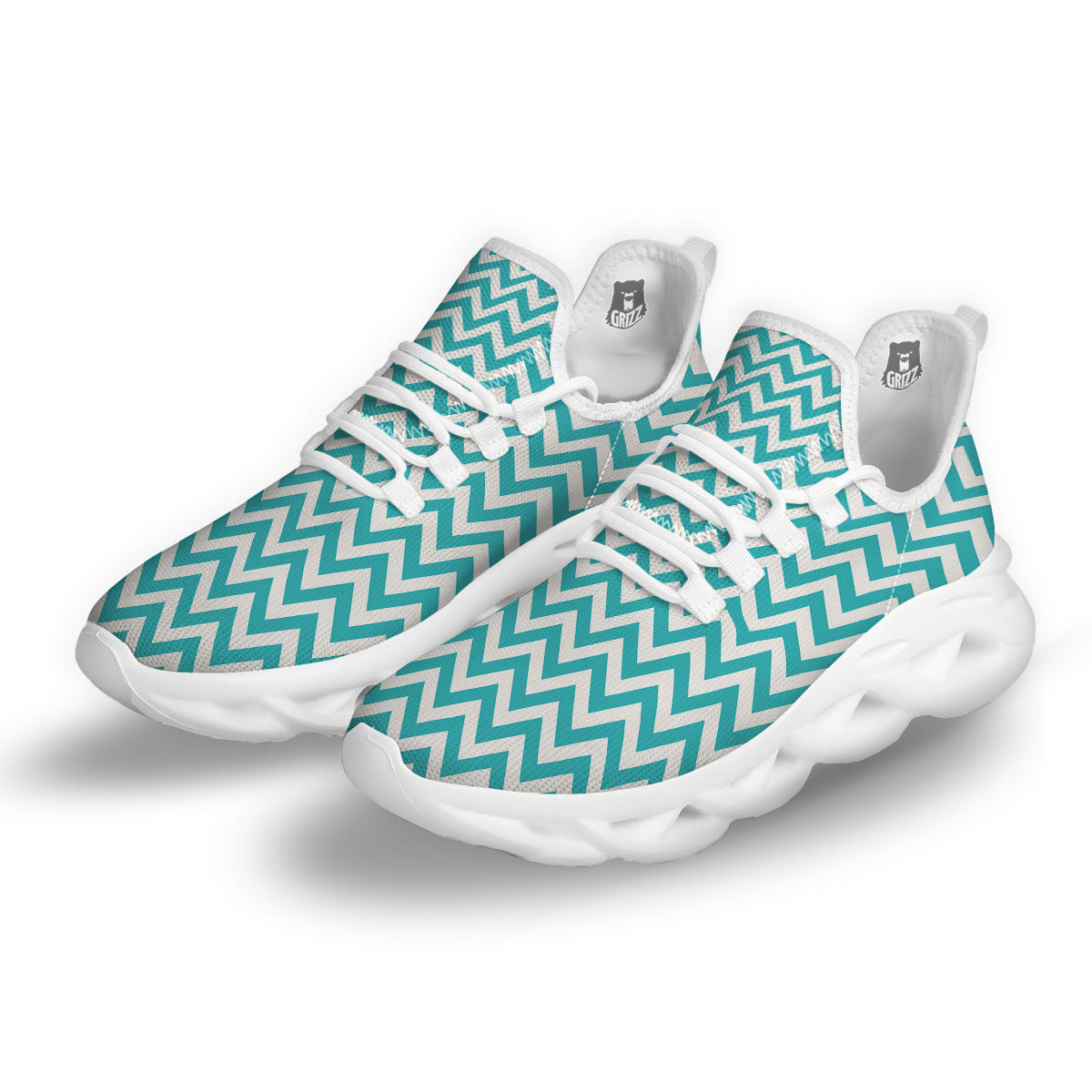 Turquoise Zigzag Print Pattern White Running Shoes-grizzshop