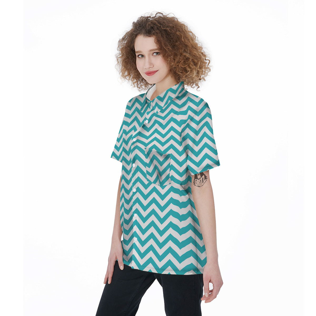 Turquoise Zigzag Print Pattern Women's Short Sleeve Shirts-grizzshop