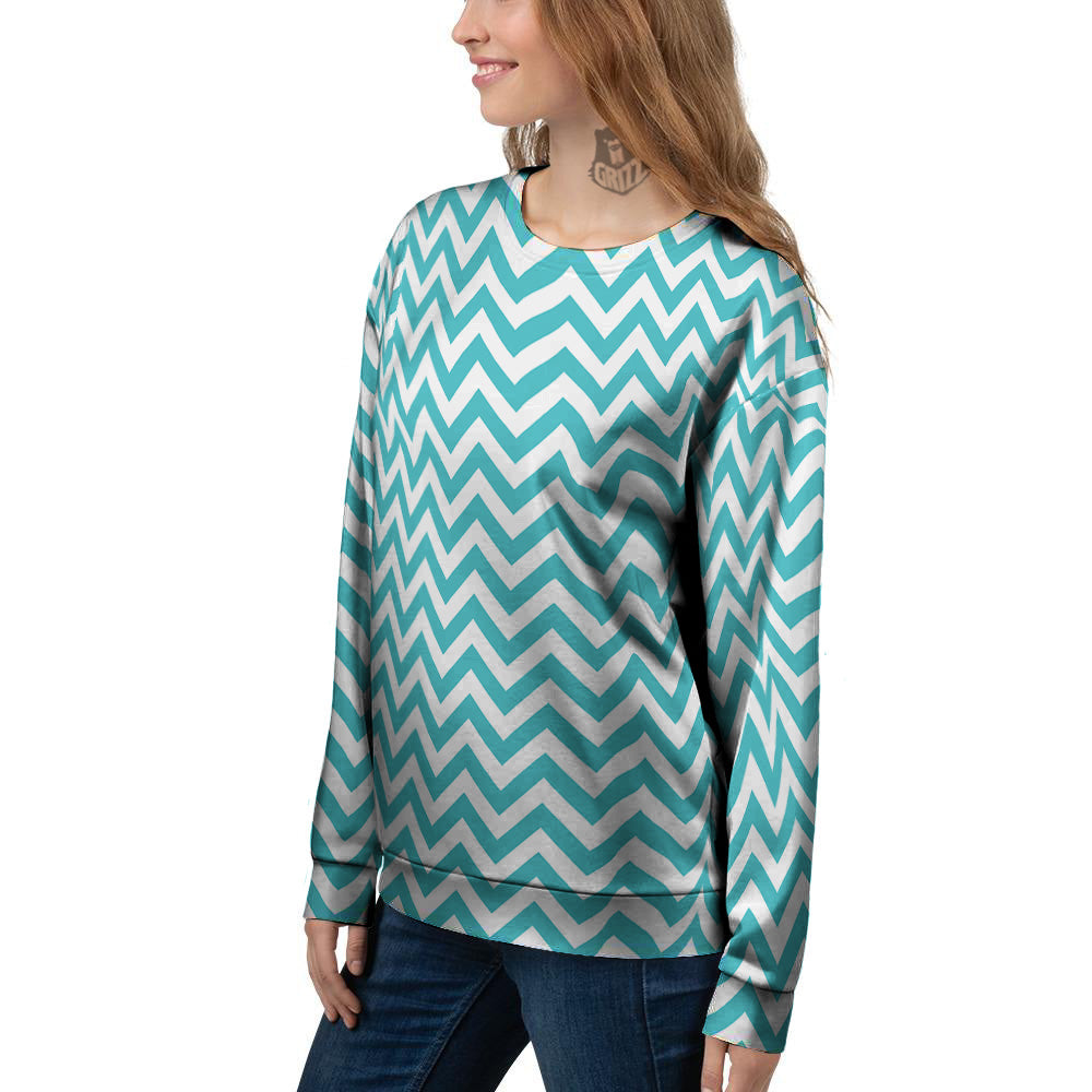 Turquoise Zigzag Print Pattern Women's Sweatshirt-grizzshop