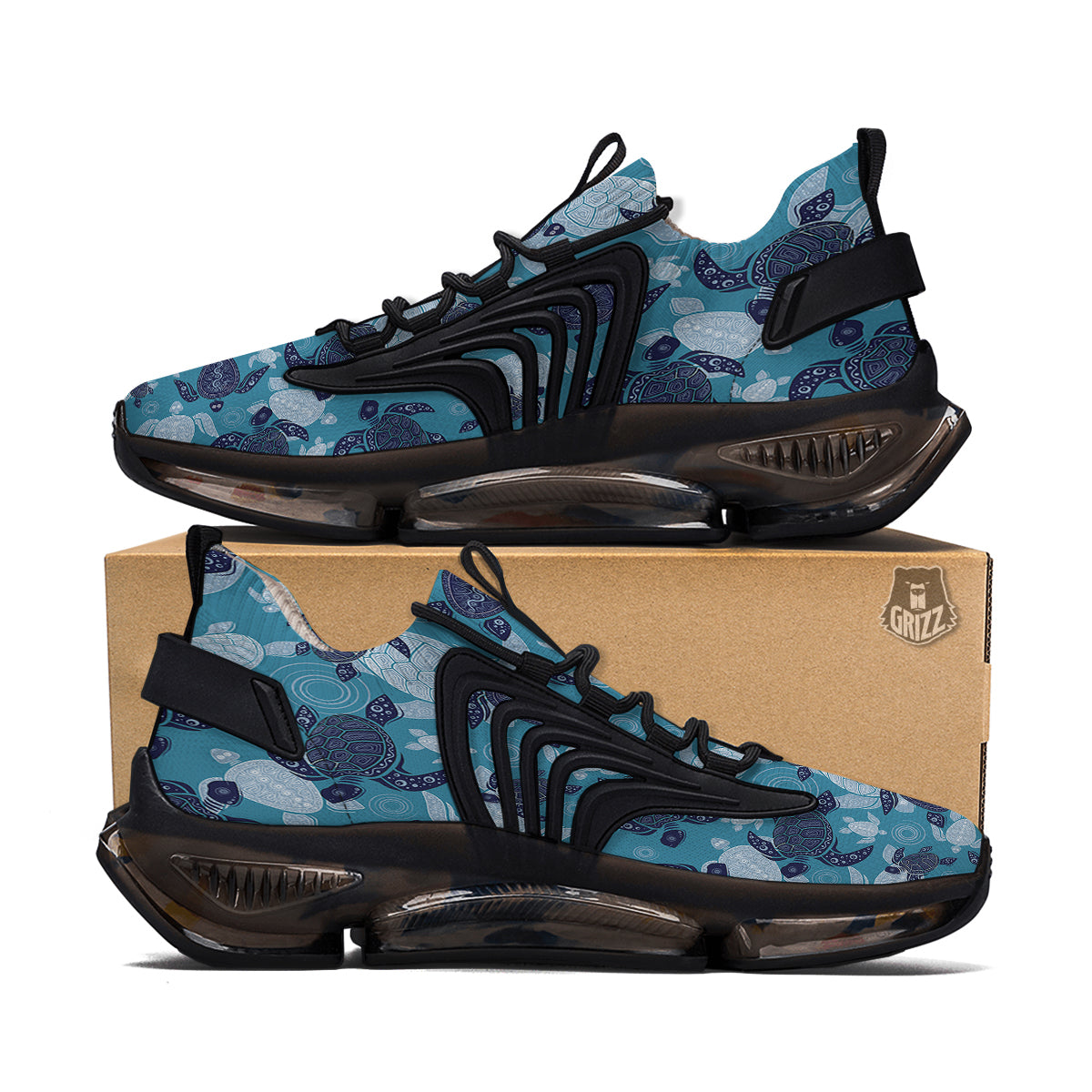 Turtle Blue And White Print Pattern Black Gym Shoes-grizzshop