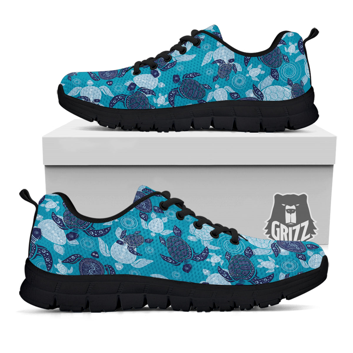 Turtle Blue And White Print Pattern Black Sneaker-grizzshop