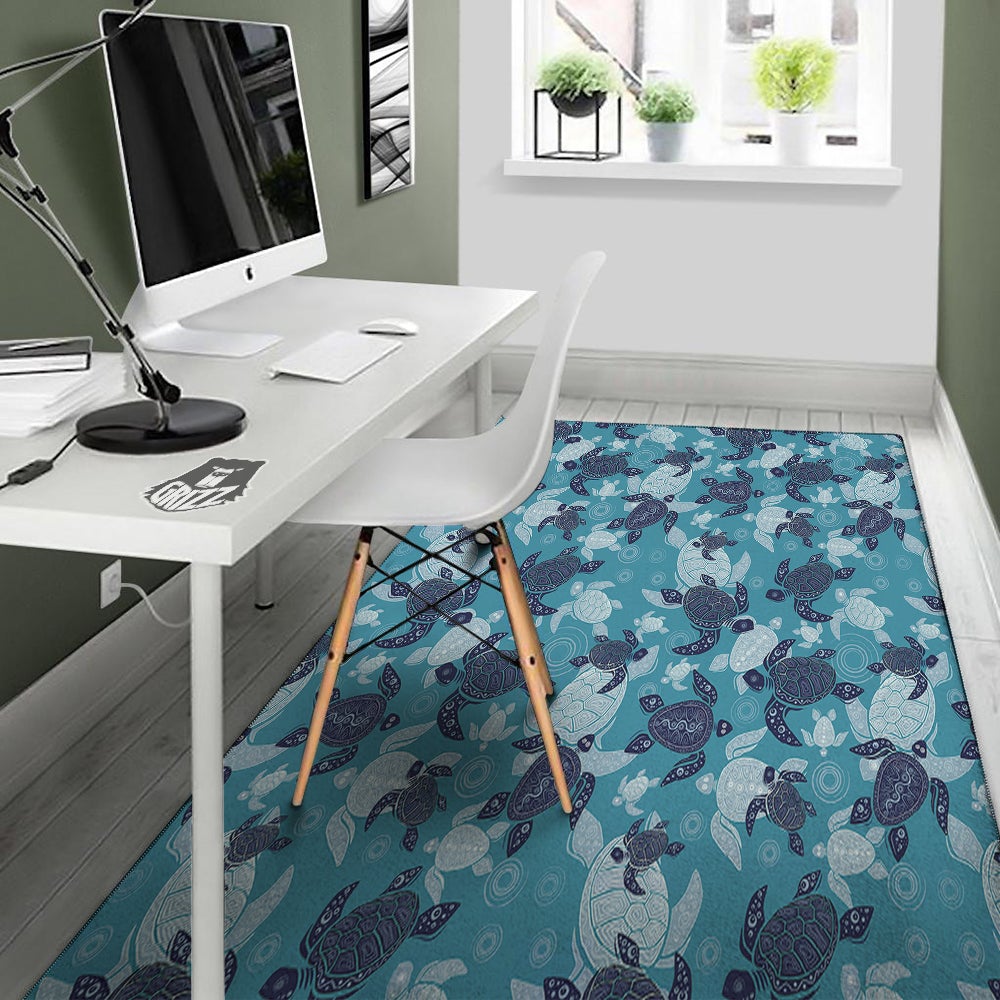 Turtle Blue And White Print Pattern Floor Mat-grizzshop