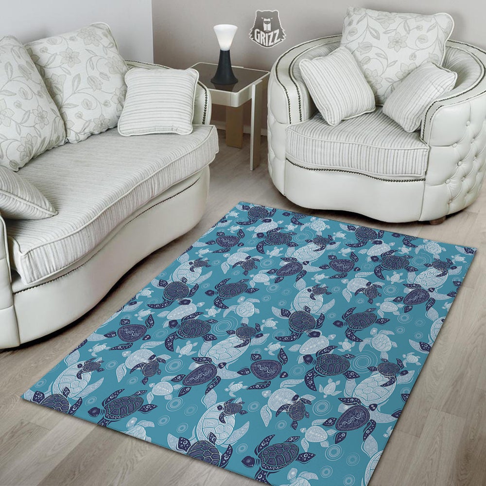 Turtle Blue And White Print Pattern Floor Mat-grizzshop