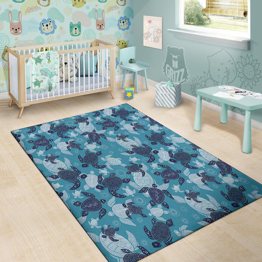 Turtle Blue And White Print Pattern Floor Mat-grizzshop