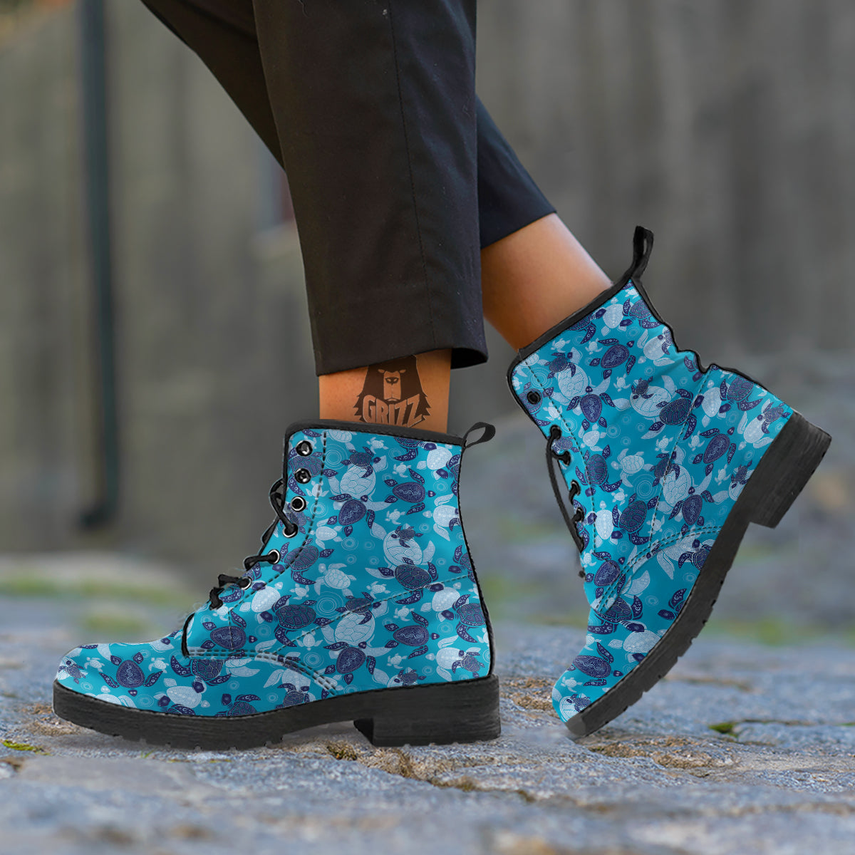 Turtle Blue And White Print Pattern Leather Boots-grizzshop