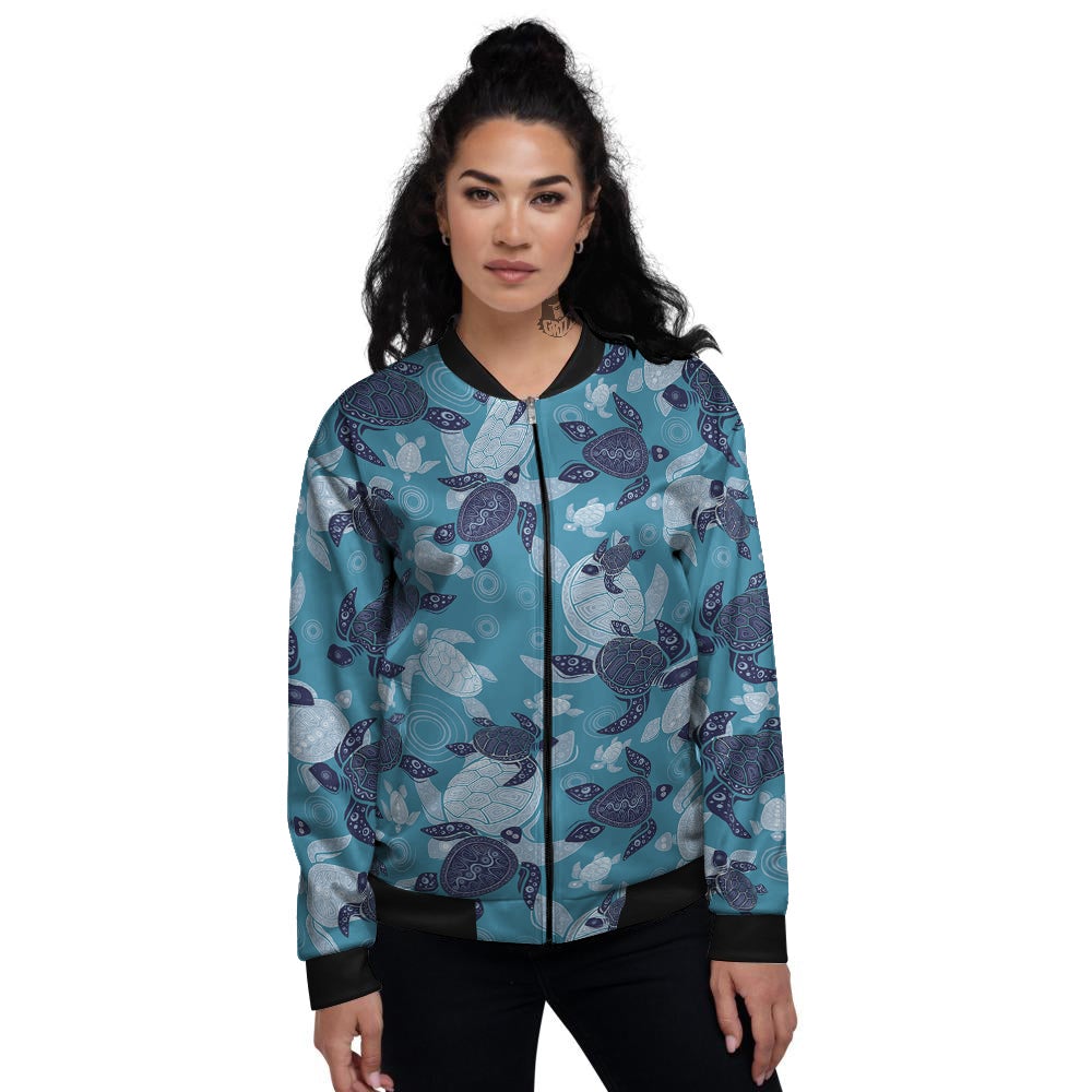 Turtle Blue And White Print Pattern Women's Bomber Jacket-grizzshop