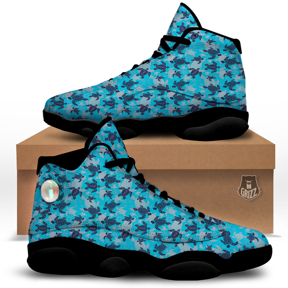 Turtle Blue Sea Print Pattern Black Basketball Shoes-grizzshop