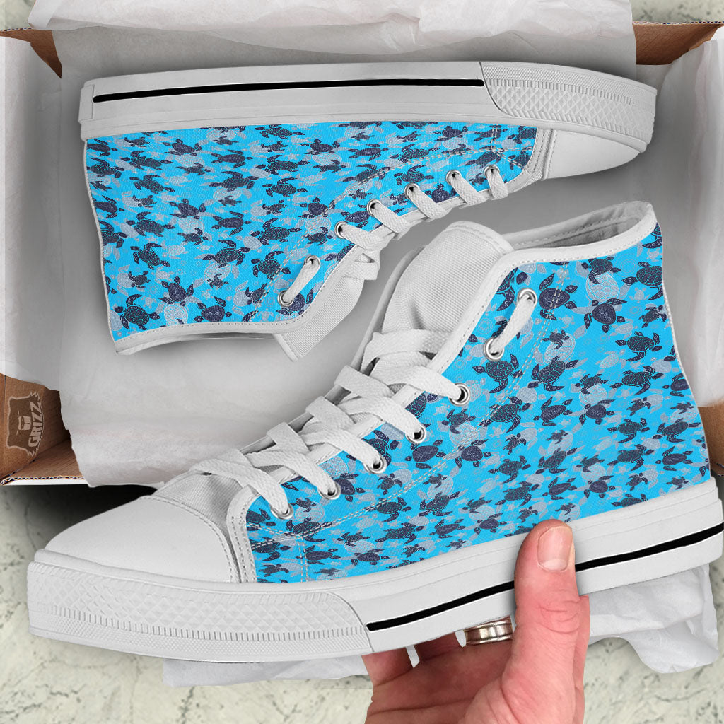 Turtle Blue Sea Print Pattern White High Top Shoes-grizzshop