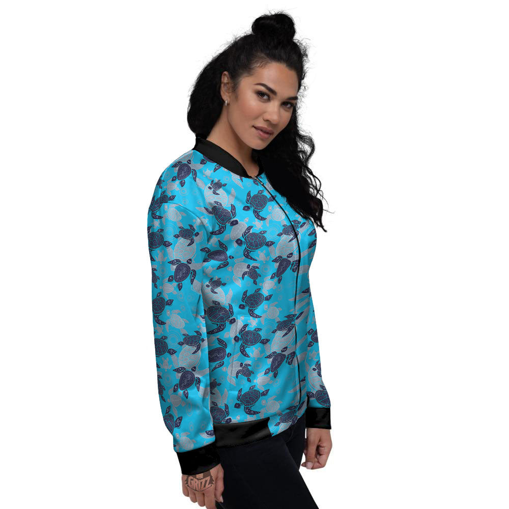 Turtle Blue Sea Print Pattern Women's Bomber Jacket-grizzshop