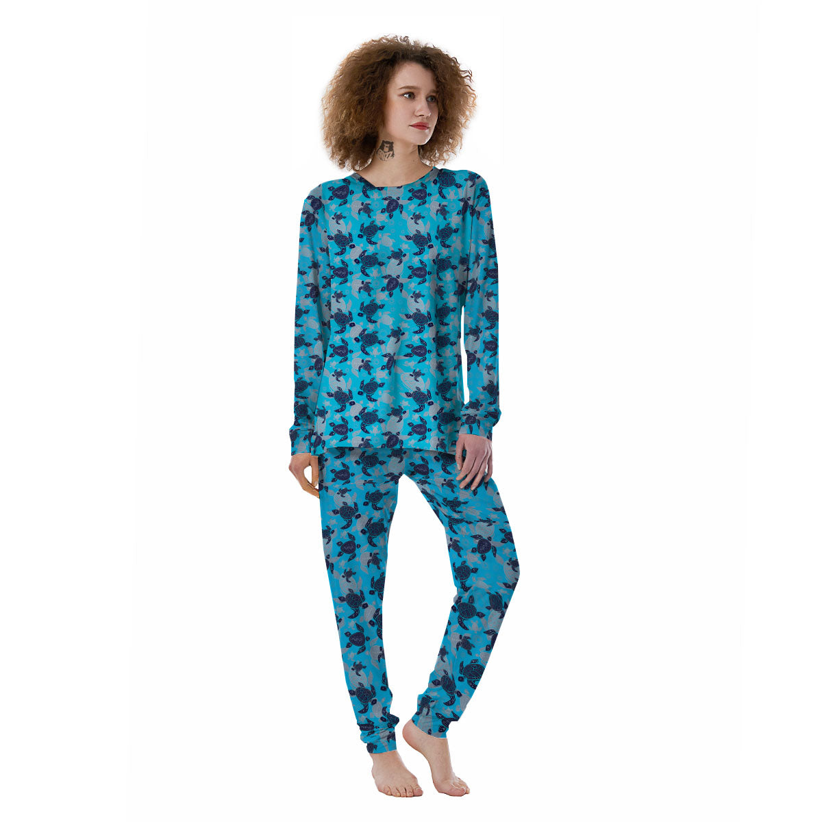 Turtle Blue Sea Print Pattern Women's Pajamas-grizzshop