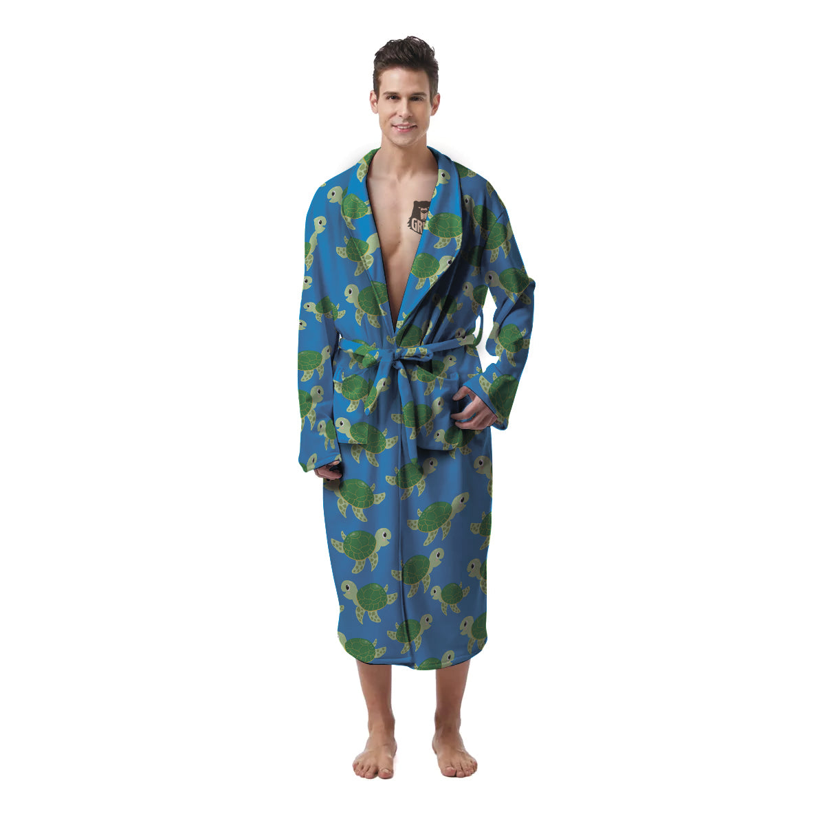 Turtle Cartoon Print Pattern Men's Robe-grizzshop