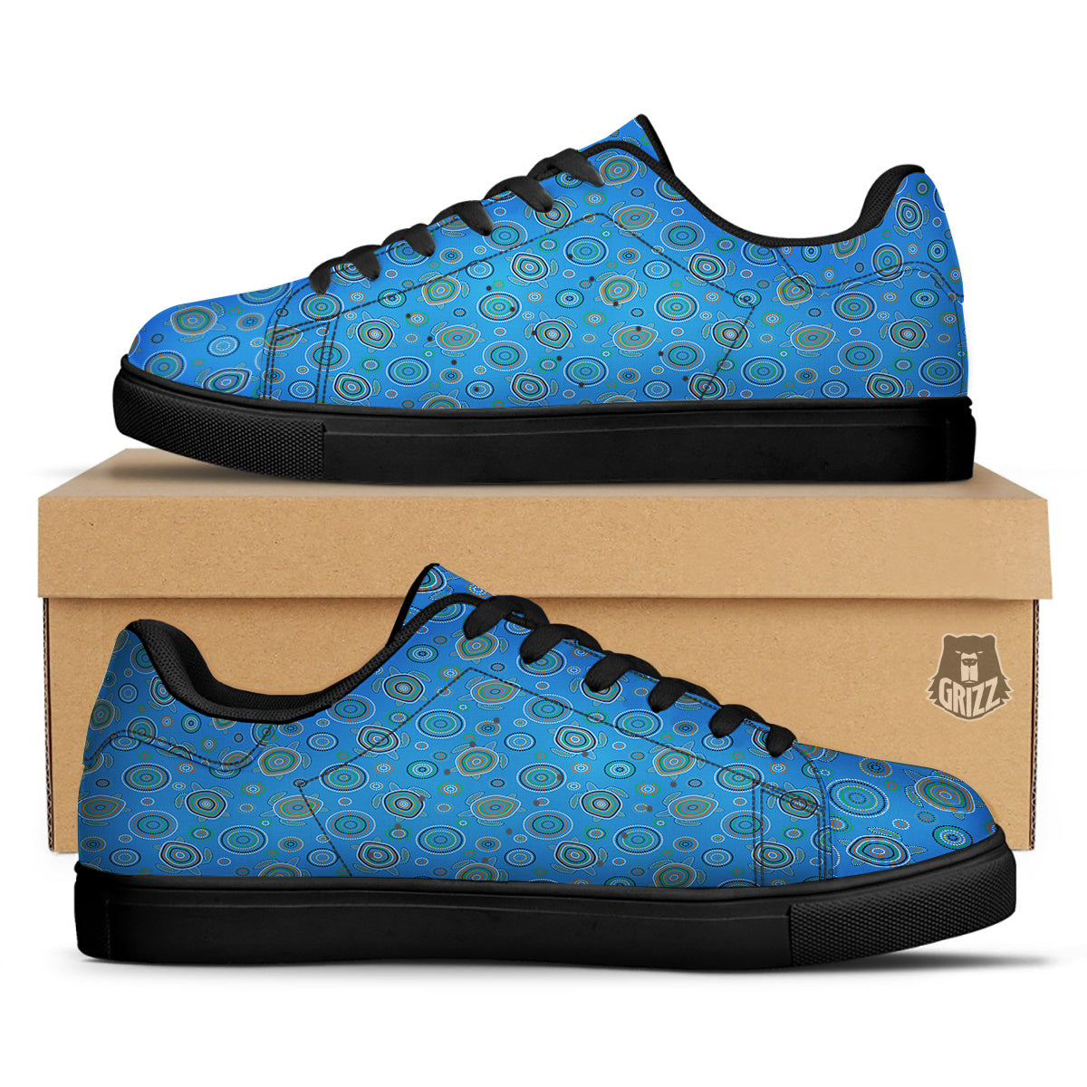 Turtle Sea Aboriginal Print Pattern Black Low Top Sneakers-grizzshop