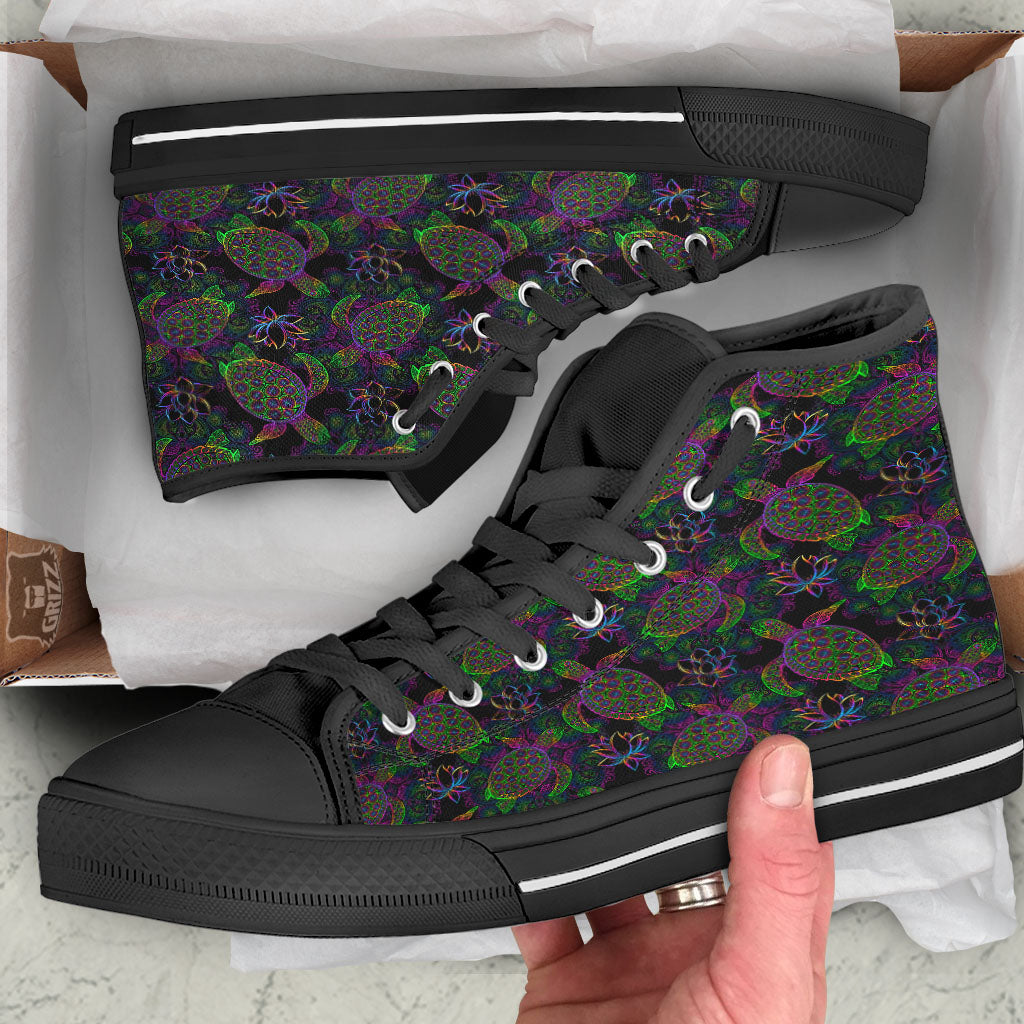 Turtle Sea Psychedelic Print Pattern Black High Top Shoes-grizzshop