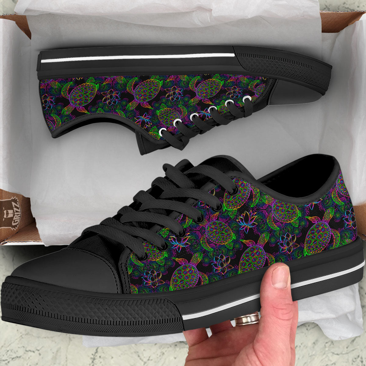 Turtle Sea Psychedelic Print Pattern Black Low Top Shoes-grizzshop
