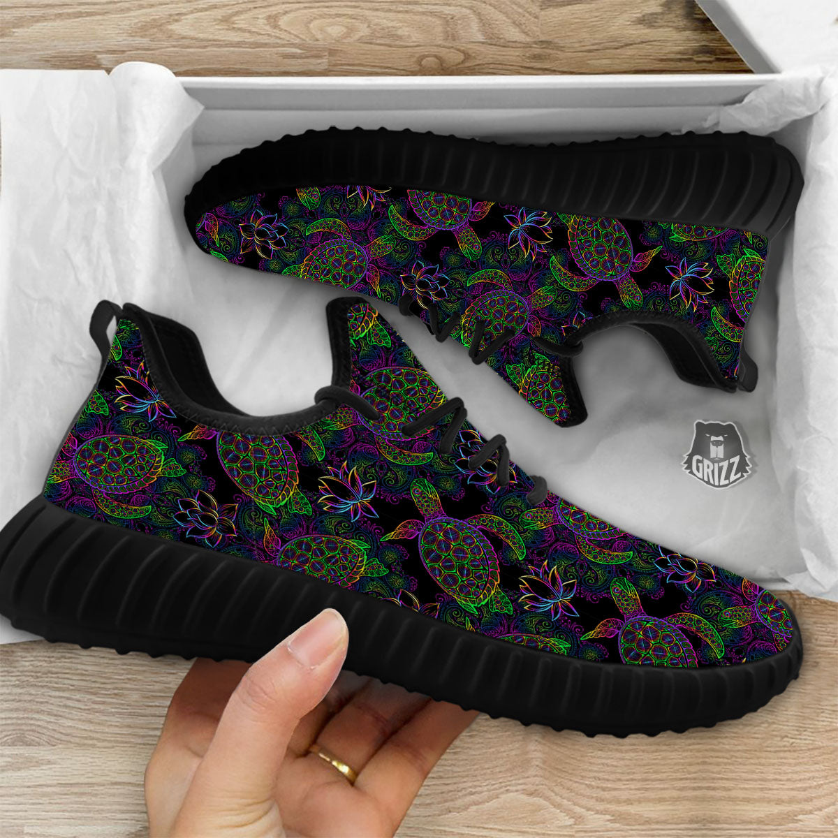 Turtle Sea Psychedelic Print Pattern Black Walking Shoes-grizzshop