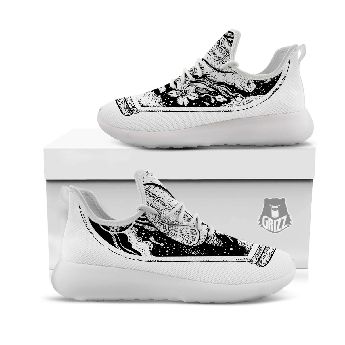 Turtle Sea Zentangle Print White Athletic Shoes-grizzshop