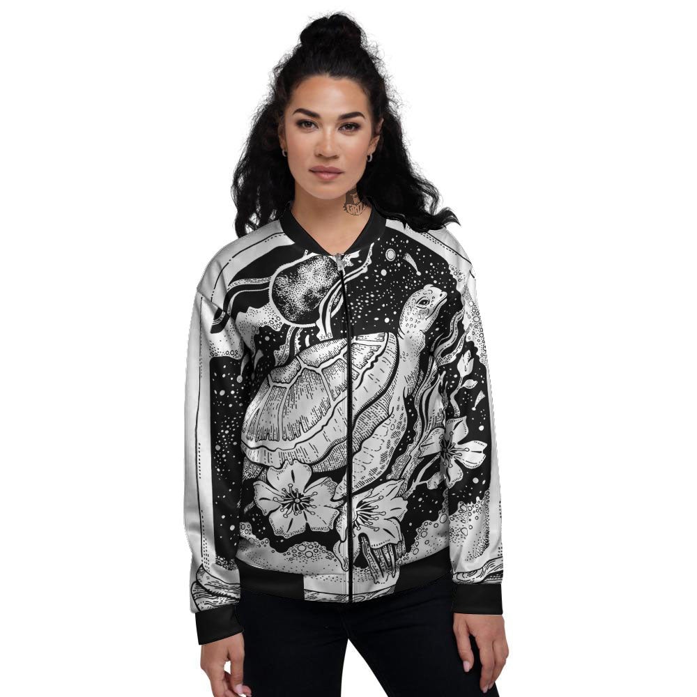 Turtle Sea Zentangle Print Women's Bomber Jacket-grizzshop