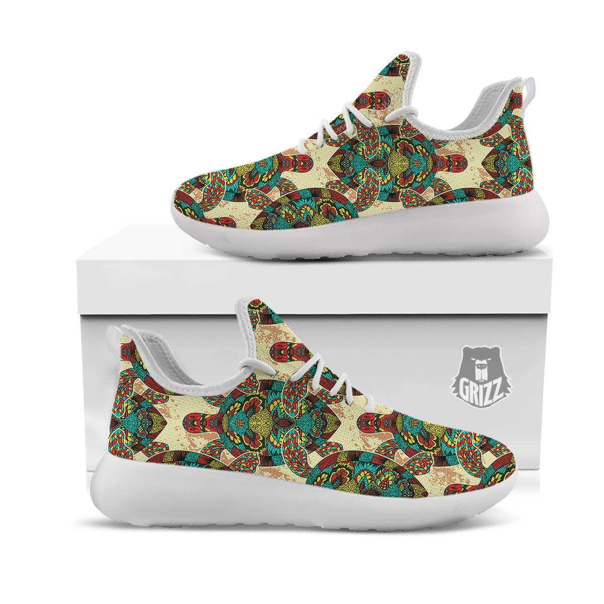 Turtle Tribal Sea Print Pattern White Athletic Shoes-grizzshop