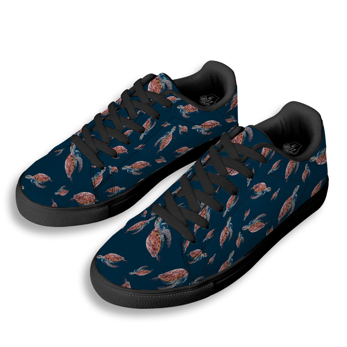 Turtle Watercolor Print Pattern Black Low Top Sneakers-grizzshop