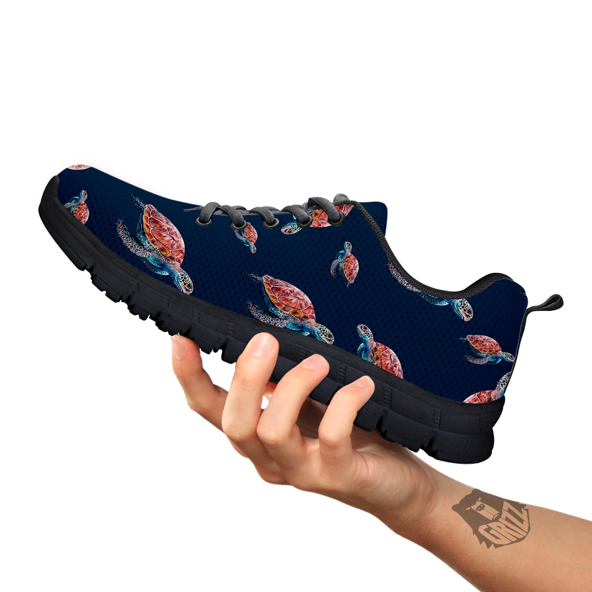 Turtle Watercolor Print Pattern Black Sneaker-grizzshop