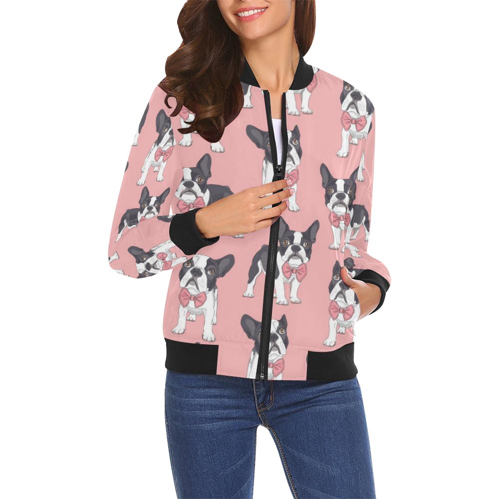 Tuxedo Bulldog Pattern Print Women Casual Bomber Jacket-grizzshop